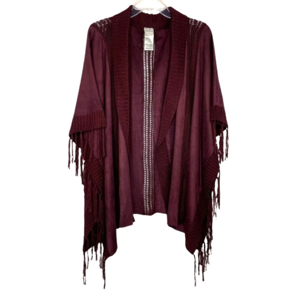 Chico's maroon crochet kimono poncho with fringe hem women's size OS